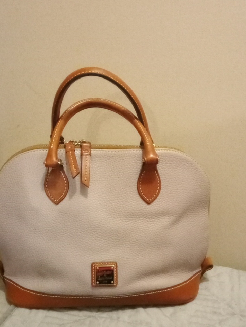 Dooney & Bourke Cream Pebbled Leather Satchel with Tan Trim and Handles